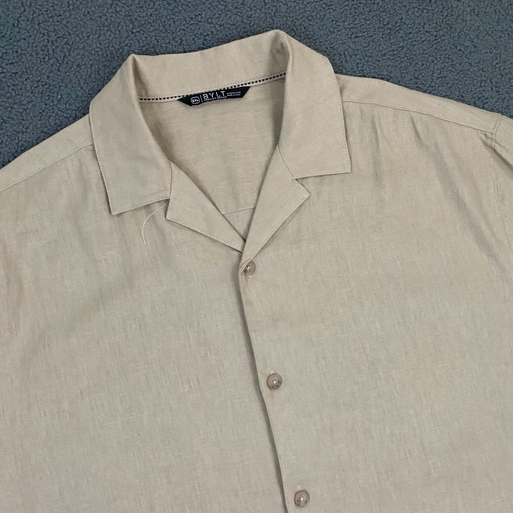 BYLT Linen Blend Shirt Mens 2XL Beige Short Sleeve Camp Collar Basic